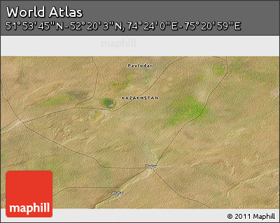 Satellite 3D Map of the Area around 52° 6' 54" N, 74° 52' 30" E