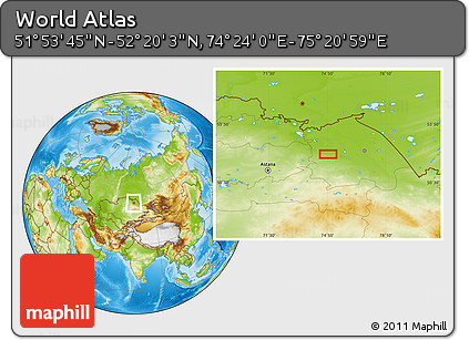 Physical Location Map of the Area around 52° 6' 54" N, 74° 52' 30" E