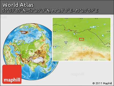 Physical Location Map of the Area around 52° 6' 54" N, 74° 52' 30" E