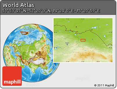 Physical Location Map of the Area around 52° 6' 54" N, 74° 52' 30" E