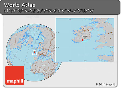 Gray Location Map of the Area around 52° 6' 54" N, 7° 34' 30" W