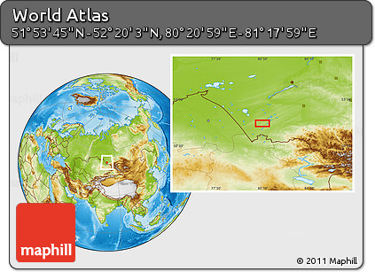 Physical Location Map of the Area around 52° 6' 54" N, 80° 49' 29" E
