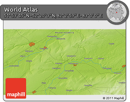 Physical 3D Map of the Area around 52° 6' 54" N, 82° 31' 30" E
