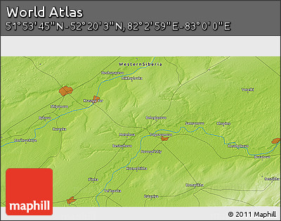 Physical 3D Map of the Area around 52° 6' 54" N, 82° 31' 30" E