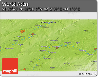 Physical 3D Map of the Area around 52° 6' 54" N, 82° 31' 30" E