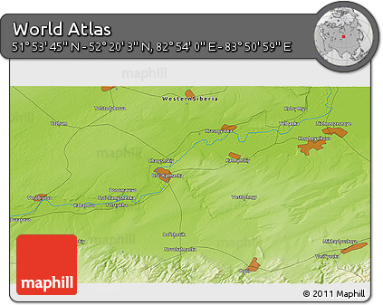 Physical 3D Map of the Area around 52° 6' 54" N, 83° 22' 30" E