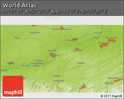 Physical 3D Map of the Area around 52° 6' 54" N, 83° 22' 30" E