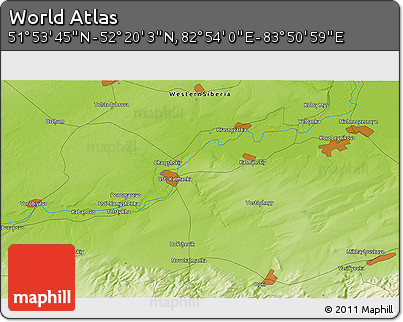 Physical 3D Map of the Area around 52° 6' 54" N, 83° 22' 30" E