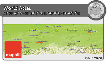 Physical Panoramic Map of the Area around 52° 6' 54" N, 84° 13' 29" E