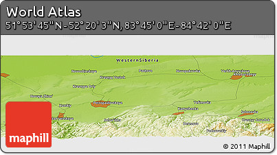 Physical Panoramic Map of the Area around 52° 6' 54" N, 84° 13' 29" E