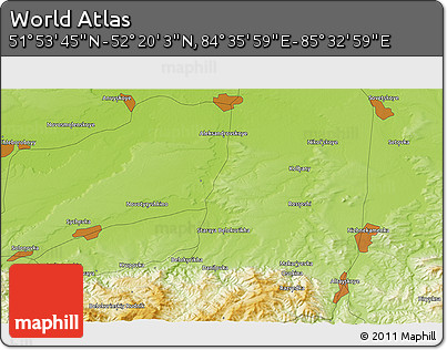 Physical 3D Map of the Area around 52° 6' 54" N, 85° 4' 29" E