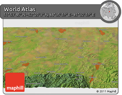 Satellite 3D Map of the Area around 52° 6' 54" N, 85° 4' 29" E