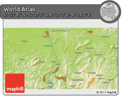 Physical 3D Map of the Area around 52° 6' 54" N, 85° 55' 30" E