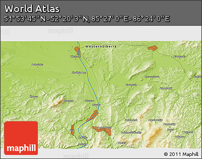 Physical 3D Map of the Area around 52° 6' 54" N, 85° 55' 30" E