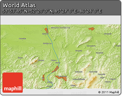 Physical 3D Map of the Area around 52° 6' 54" N, 85° 55' 30" E