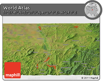 Satellite 3D Map of the Area around 52° 6' 54" N, 85° 55' 30" E