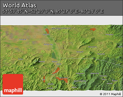 Satellite 3D Map of the Area around 52° 6' 54" N, 85° 55' 30" E