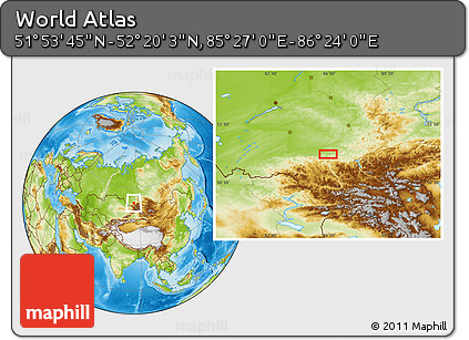 Physical Location Map of the Area around 52° 6' 54" N, 85° 55' 30" E