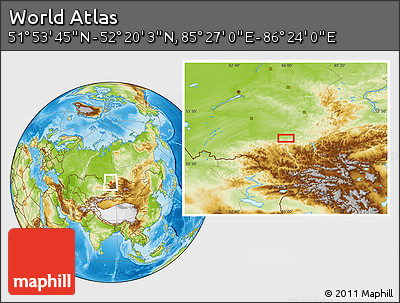 Physical Location Map of the Area around 52° 6' 54" N, 85° 55' 30" E