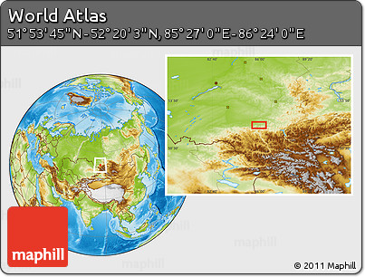 Physical Location Map of the Area around 52° 6' 54" N, 85° 55' 30" E