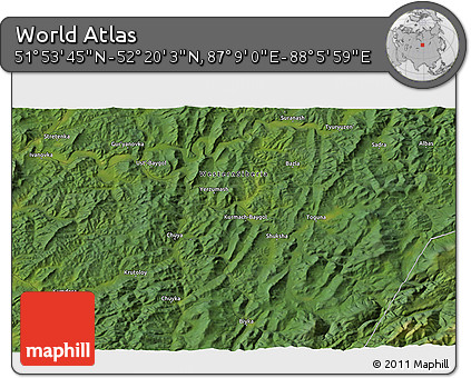 Satellite 3D Map of the Area around 52° 6' 54" N, 87° 37' 30" E