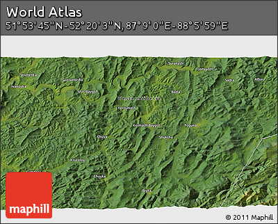 Satellite 3D Map of the Area around 52° 6' 54" N, 87° 37' 30" E