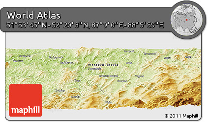 Physical Panoramic Map of the Area around 52° 6' 54" N, 87° 37' 30" E