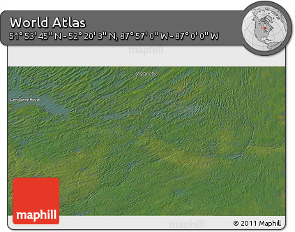 Satellite 3D Map of the Area around 52° 6' 54" N, 87° 28' 29" W