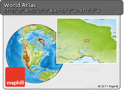 Physical Location Map of the Area around 52° 6' 54" N, 87° 28' 29" W