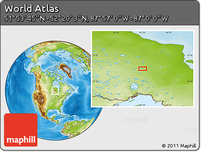 Physical Location Map of the Area around 52° 6' 54" N, 87° 28' 29" W