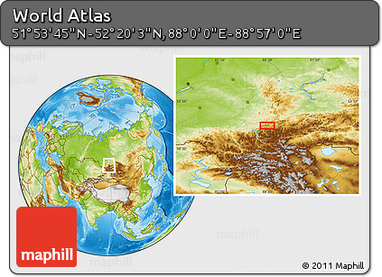 Physical Location Map of the Area around 52° 6' 54" N, 88° 28' 29" E