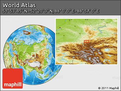 Physical Location Map of the Area around 52° 6' 54" N, 88° 28' 29" E