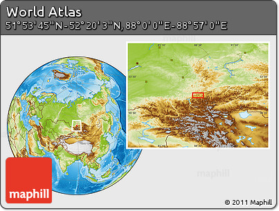 Physical Location Map of the Area around 52° 6' 54" N, 88° 28' 29" E