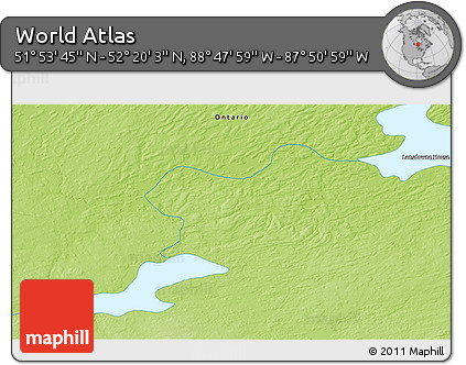 Physical 3D Map of the Area around 52° 6' 54" N, 88° 19' 29" W