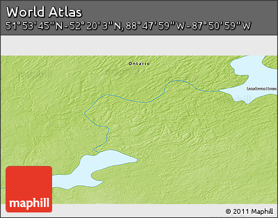 Physical 3D Map of the Area around 52° 6' 54" N, 88° 19' 29" W