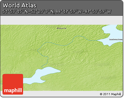 Physical 3D Map of the Area around 52° 6' 54" N, 88° 19' 29" W