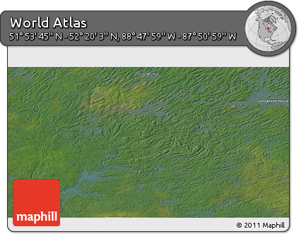 Satellite 3D Map of the Area around 52° 6' 54" N, 88° 19' 29" W