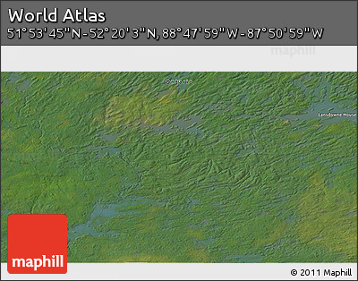 Satellite 3D Map of the Area around 52° 6' 54" N, 88° 19' 29" W