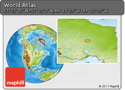 Physical Location Map of the Area around 52° 6' 54" N, 88° 19' 29" W