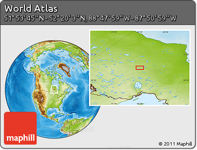 Physical Location Map of the Area around 52° 6' 54" N, 88° 19' 29" W