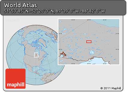 Gray Location Map of the Area around 52° 6' 54" N, 89° 10' 30" W, hill shading