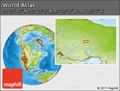 Physical Location Map of the Area around 52° 6' 54" N, 89° 10' 30" W