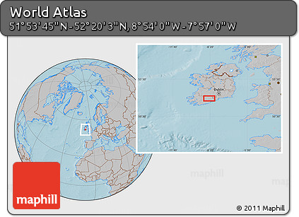 Gray Location Map of the Area around 52° 6' 54" N, 8° 25' 30" W, hill shading