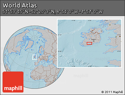Gray Location Map of the Area around 52° 6' 54" N, 8° 25' 30" W, hill shading