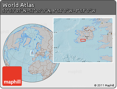 Gray Location Map of the Area around 52° 6' 54" N, 8° 25' 30" W, hill shading