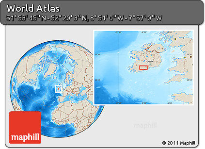 Shaded Relief Location Map of the Area around 52° 6' 54" N, 8° 25' 30" W