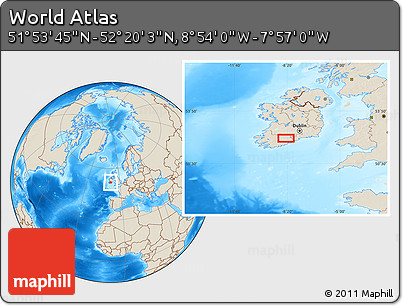 Shaded Relief Location Map of the Area around 52° 6' 54" N, 8° 25' 30" W