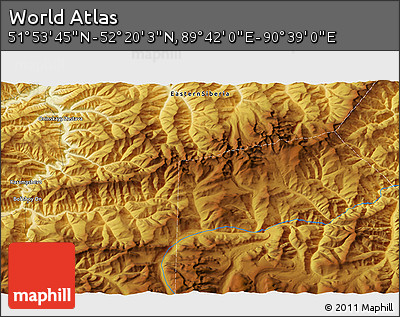 Physical 3D Map of the Area around 52° 6' 54" N, 90° 10' 30" E
