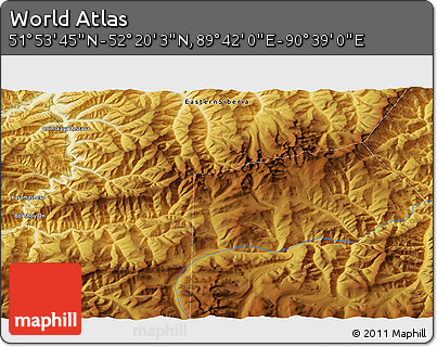 Physical 3D Map of the Area around 52° 6' 54" N, 90° 10' 30" E