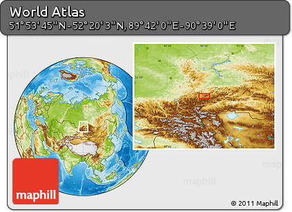 Physical Location Map of the Area around 52° 6' 54" N, 90° 10' 30" E